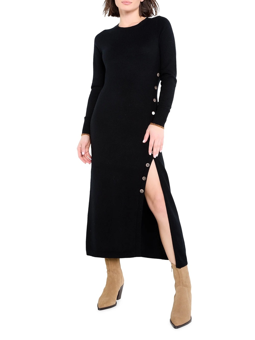 NWT Lisa Todd Invitation Only Long-Sleeve Button-Trim Cashmere Dress in Black M
